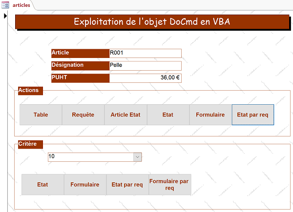 Formulaire Access avec boutons à coder en VBA pour déclencher des actions