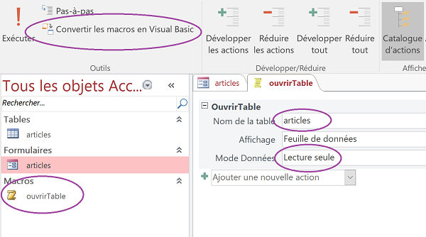 Macro Access pour action ouvrir table à convertir en code VBA