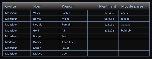 Tableau Excel de saisie des identifiants et mots de passe pour les utilisateurs