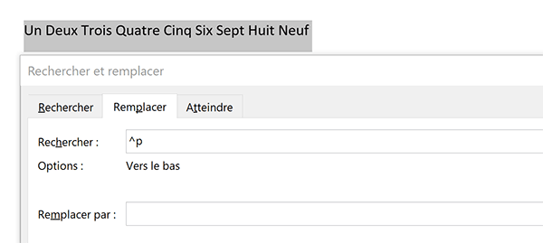 Remplacer les sauts de ligne par un espace dans un document Word pour transposer une liste verticale en une liste horizontale dans un document Word