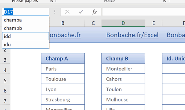 Intitulés des colonnes du tableau Excel pour formules matricielles extraction de doublons