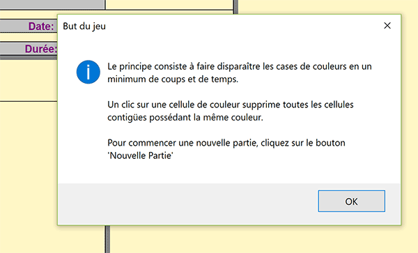 Boîte de message VBA Excel pour expliquer le principe du jeu