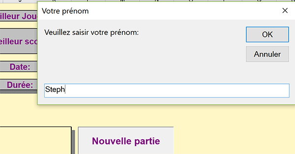 Inscrire nom joueur pour nouvelle partie casse brique VBA Excel