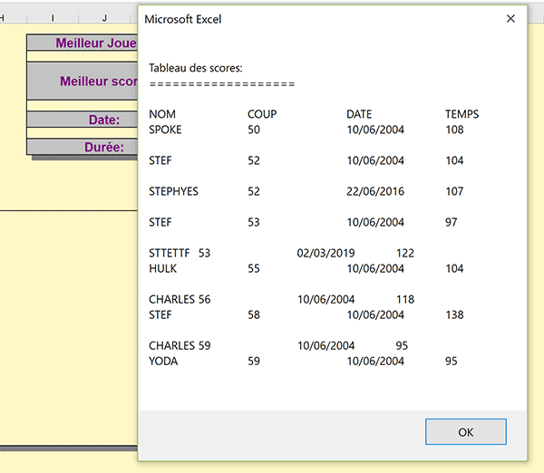 Boîte de message VBA Excel pour afficher les meilleurs scores de parties de casse brique