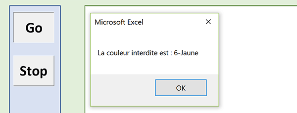 Test VBA Excel de couleur générée aléatoirement et affichée avec MsgBox