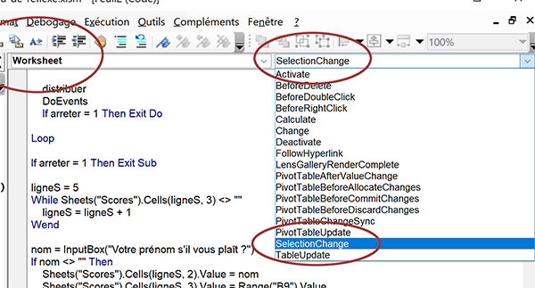 Procédure évènementielle VBA Excel pour intercepter et gérer les clics du joueur sur les cellules du jeu