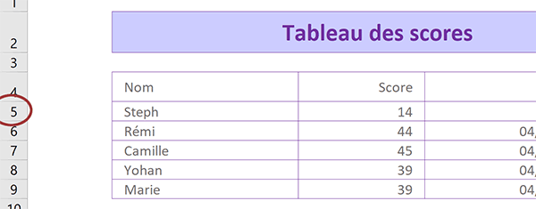 Tableau des scores à implémenter en VBA Excel à la fin de la partie du jeu de réflexe