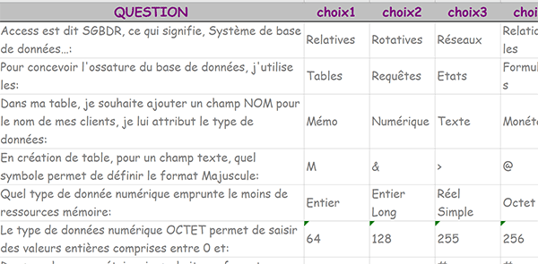 Tableau Excel des questions posées aléatoirement pendant la partie de jeu VBA