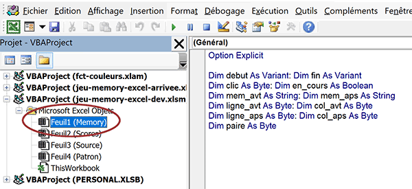 Déclarations des variables publiques pour le jeu du Memory en VBA Excel