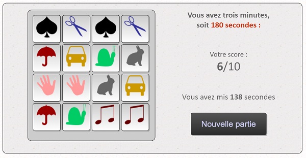 Synthèse du jeu du Memory en fin de partie avec score et temps passé en secondes