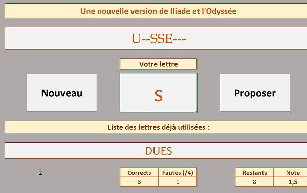 Déroulement du jeu du pendu sous Excel, contrôle des saisies à la volée par le code VBA