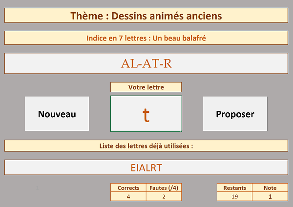 Jeu Pendu, Mots à trouver dans feuille Excel