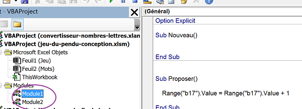 Déplacer procédure de code VBA Excel dans différents modules, explorateur projet