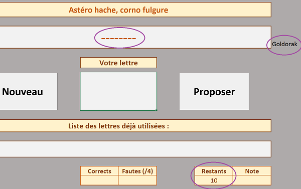 Initialisation et réglages du jeu du pendu par code Visual Basic Excel