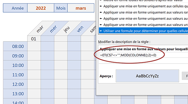 Construction automatique du calendrier Excel avec des couleurs et tous les jours du mois en fonction de l-année choisie