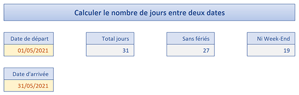 Compter jours entre deux dates Excel en excluant fériés et Week-End