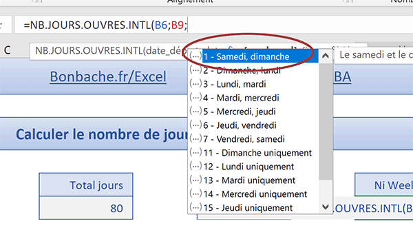 Fonction Excel pour compter le nombre de jours entre deux dates en excluant les Week-End