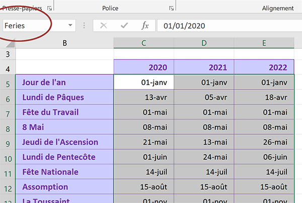 Liste des jours fériés sur plusieurs années dans tableau Excel