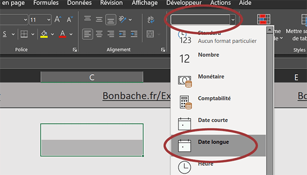 Format date longue pour les cellules de la feuille Excel