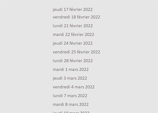 Construire automatiquement une suite de dates dans Excel, sans les jours de Week-End ni les mercredis