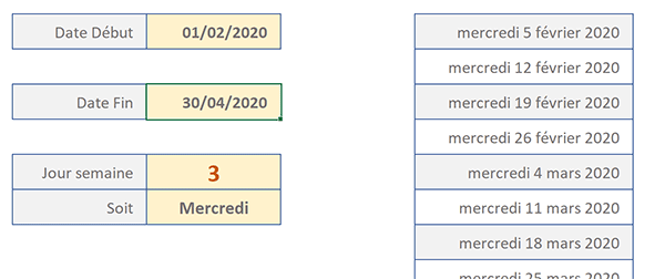 Extraire les dates dans un intervalle pour un jour de semaine précis par formule matricielle Excel