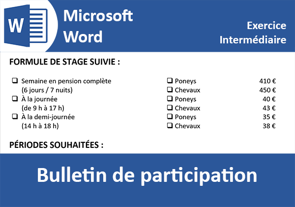 Exercice Word pour créer un bulletin de participation avec réponses aux questions