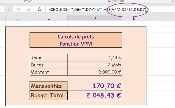 Feuille de classeur Excel pour calcul mensualités prêt pour transmettre résultats à formulaire Access