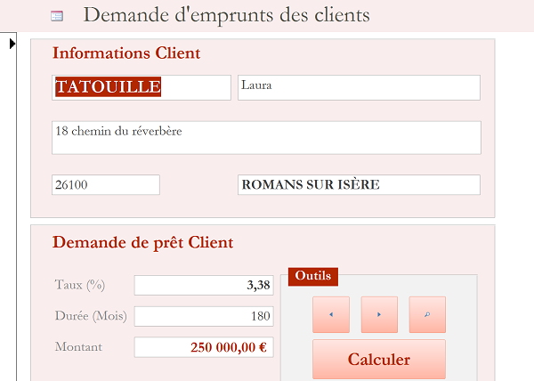 Formulaire Access pour mensualités emprunts par communication des calculs de prêts Excel