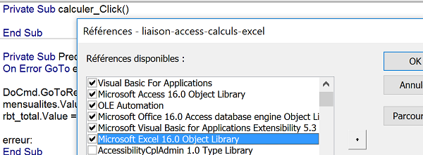 Ajouter une référence à VBA Access pour piloter les objets Excel