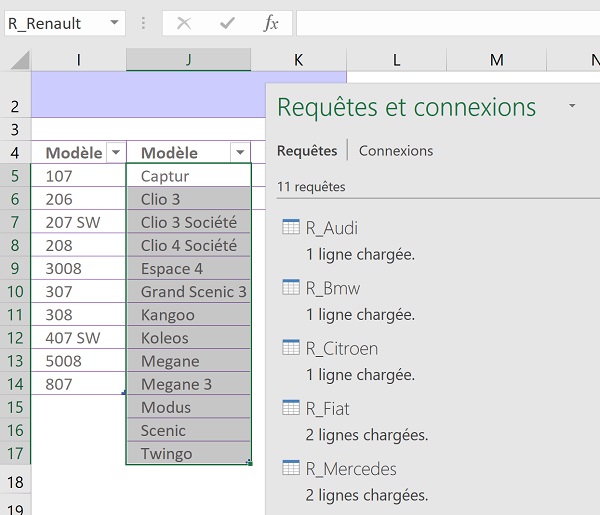 Connexions dynamiques aux données externes et plages de cellules nommées automatiquement et évolutives