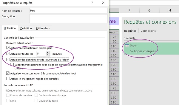 Paramètres de connexion à une base de données externe pour actualisations et mises à jour automatiques dans Excel