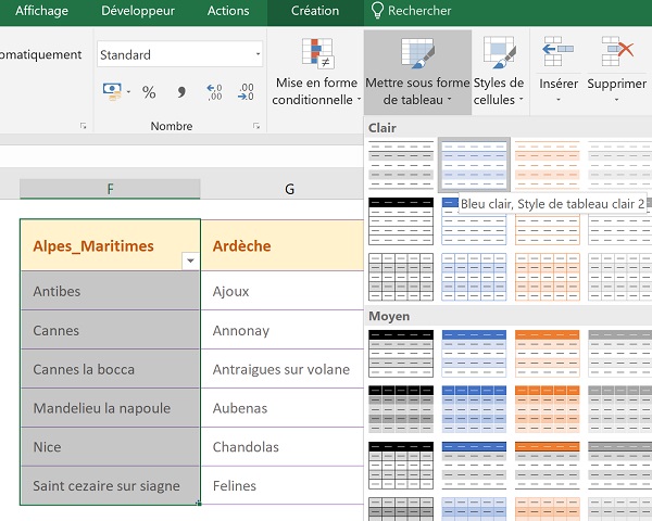 Mettre sous forme de tableau Excel pour créer des plages de cellules nommées et dynamiques