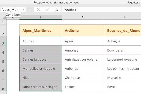 Noms plages de cellules sources pour liaisons listes déroulantes Excel