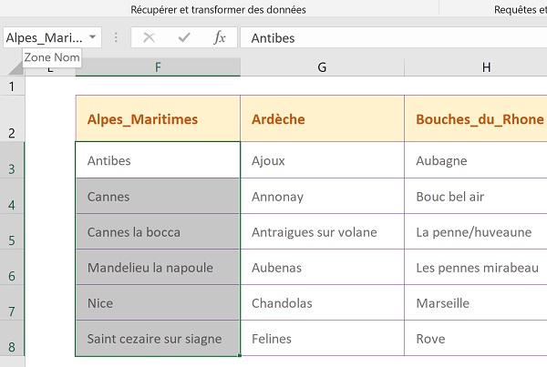 Noms plages de cellules sources pour liaisons listes déroulantes Excel