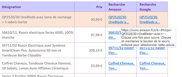 Base de données Excel avec liens dynamiques de redirection sur recherches Web par mots clés