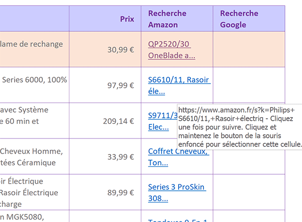 Créer des liens hypertextes de recherche Web selon mots clés par fonctions de calcul Excel