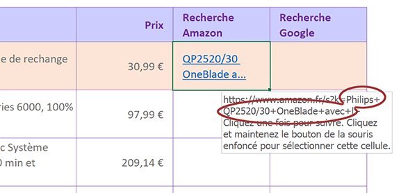 Construction dynamique de liens hypertextes Web selon informations de base de données Excel