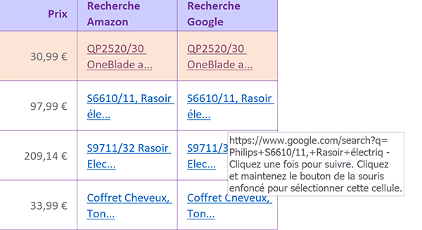 Liens hypertextes de recherche Internet construits par fonction de calcul Excel selon données du tableau