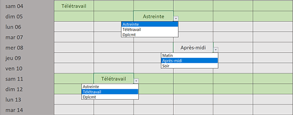 Listes déroulantes conditionnelles en fonction du jour de la semaine avec Excel