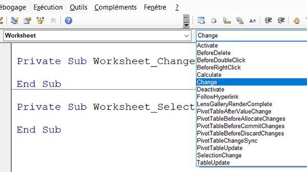 Déclencher un code VBA au changement de valeur dans les cellules de la feuille Excel