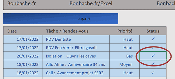 Cocher une tâche terminée par double clic dans la cellule Excel