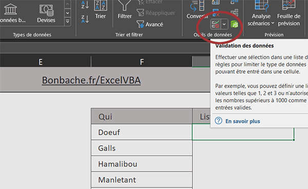 Bouton de ruban Excel pour construire une liste déroulante dynamique