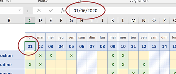 Format Excel date abrégée pour afficher seulement le numéro de jour