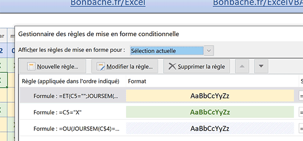 Mises en forme conditionnelles Excel pour repérer les présences, absences et jours de Week-End dans le calendrier