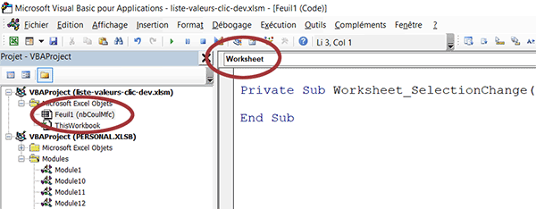 Code VBA Excel au clic utilisateur sur une nouvelle cellule de la feuille