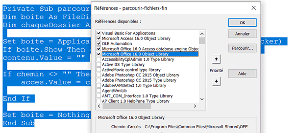 Référence à Microsoft Office dans projet VBA Access pour boîtes de dialogues standards