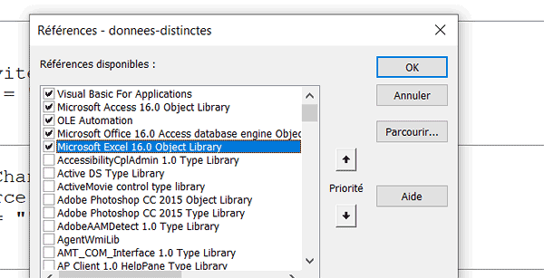 Ajouter la référence à Excel dans le projet VBA Access