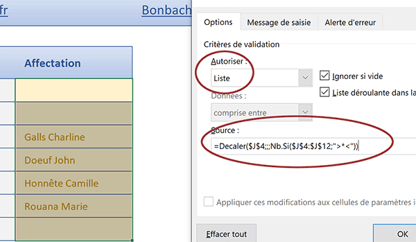 Syntaxe Excel pour construire une liste déroulante automatiquement ajustée au contenu de hauteur variable