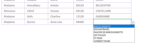 Listes déroulantes multiples sur chaque enregistrement Excel avec contenu adapté au code postal choisi