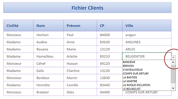 Listes déroulantes des villes dépendant des codes postaux sur tous les enregistrements de la base de données Excel